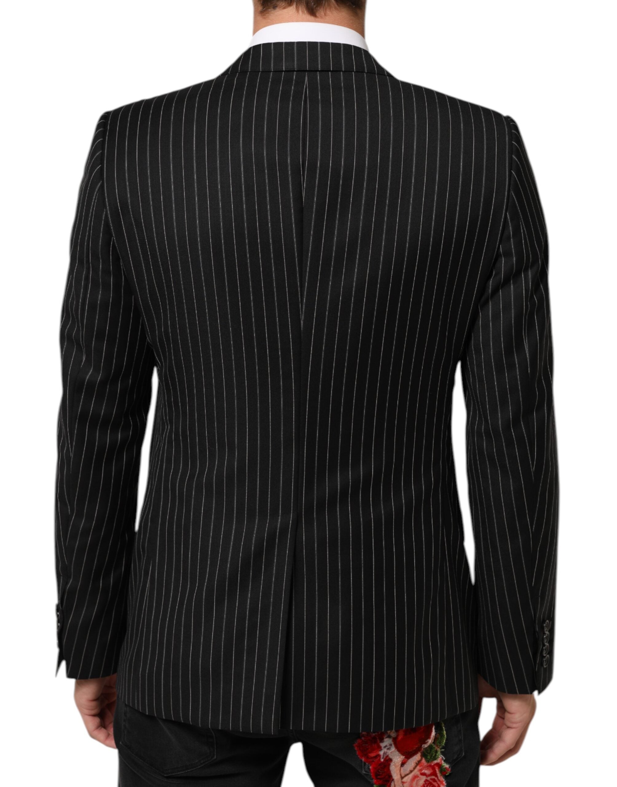 Blazer noir à rayures Dolce & Gabbana Martini avec un bouton, veste élégante pour homme.
