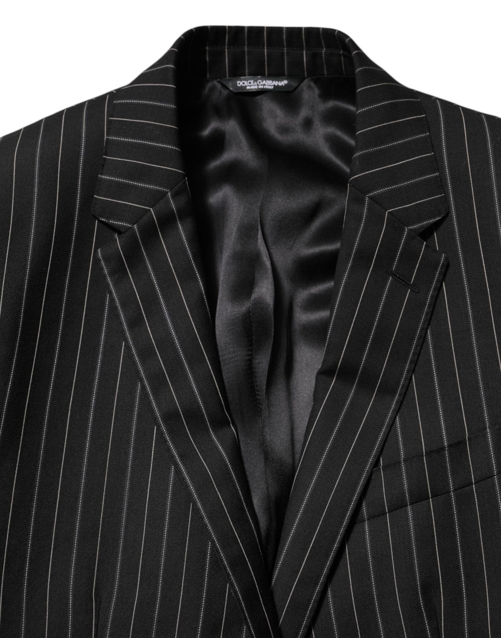 Veste blazer noire à rayures Dolce & Gabbana Martini avec un seul bouton, coupe élégante et tissu de qualité.