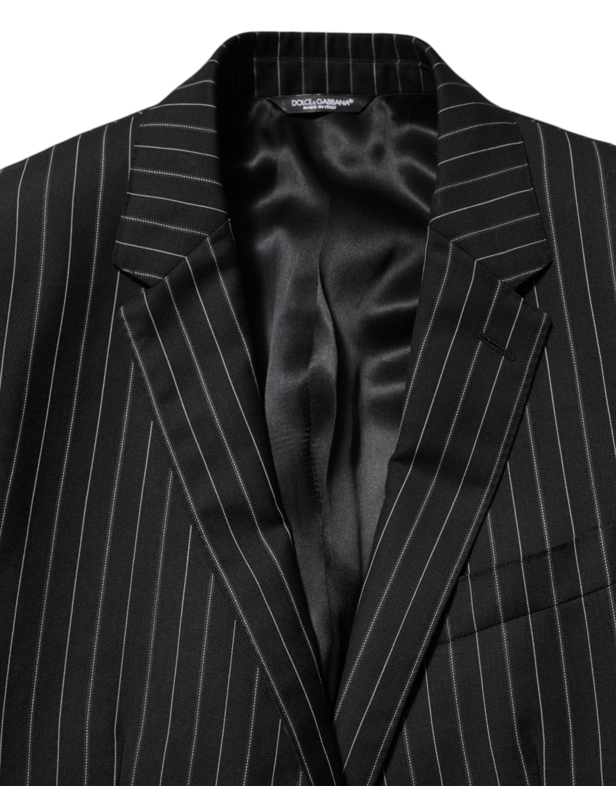 Veste blazer noire à rayures Dolce & Gabbana Martini avec un seul bouton, coupe élégante et tissu de qualité.