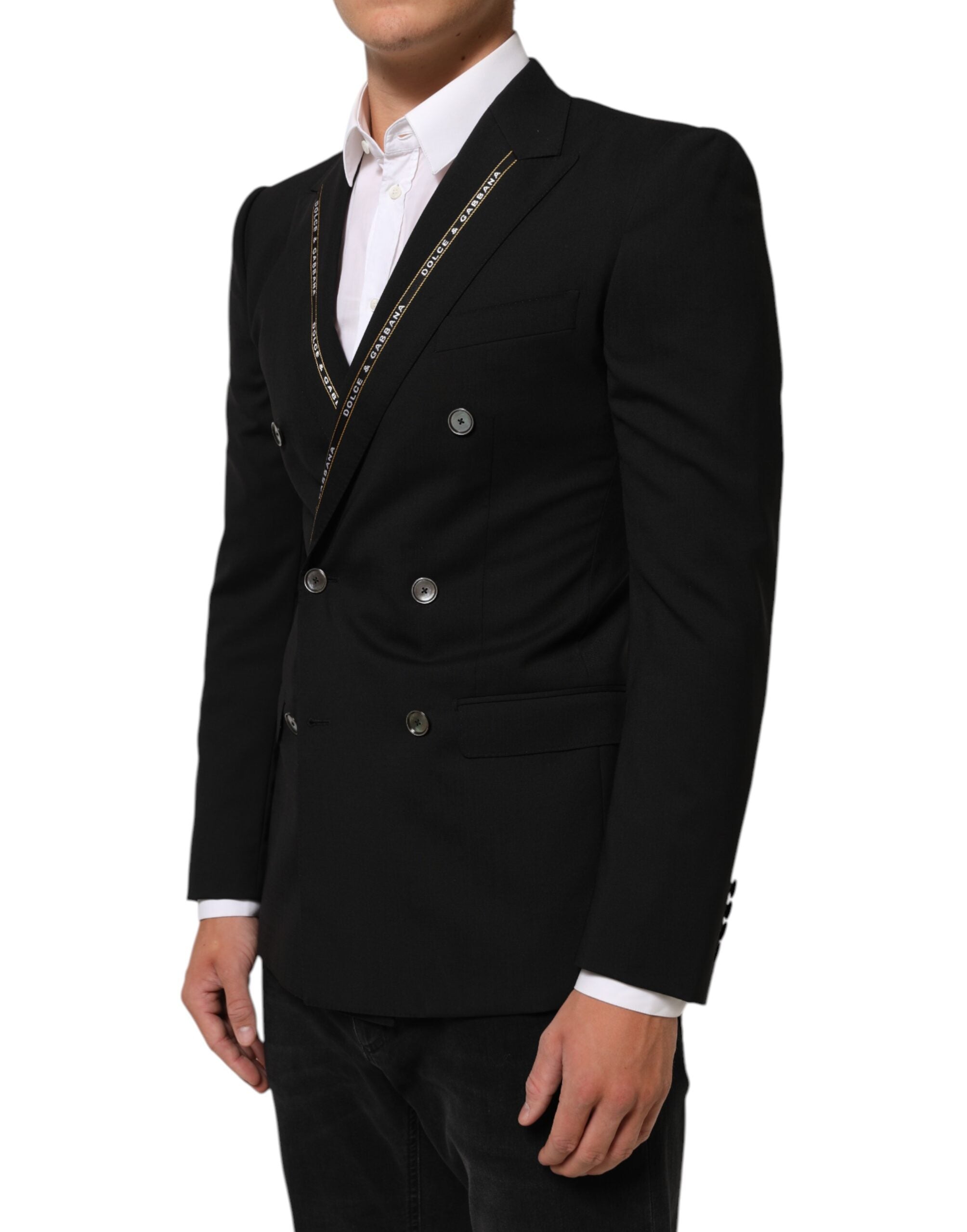 Veste blazer noire Dolce & Gabbana Sicilia à double boutonnage, élégante et sophistiquée, vue en gros plan.