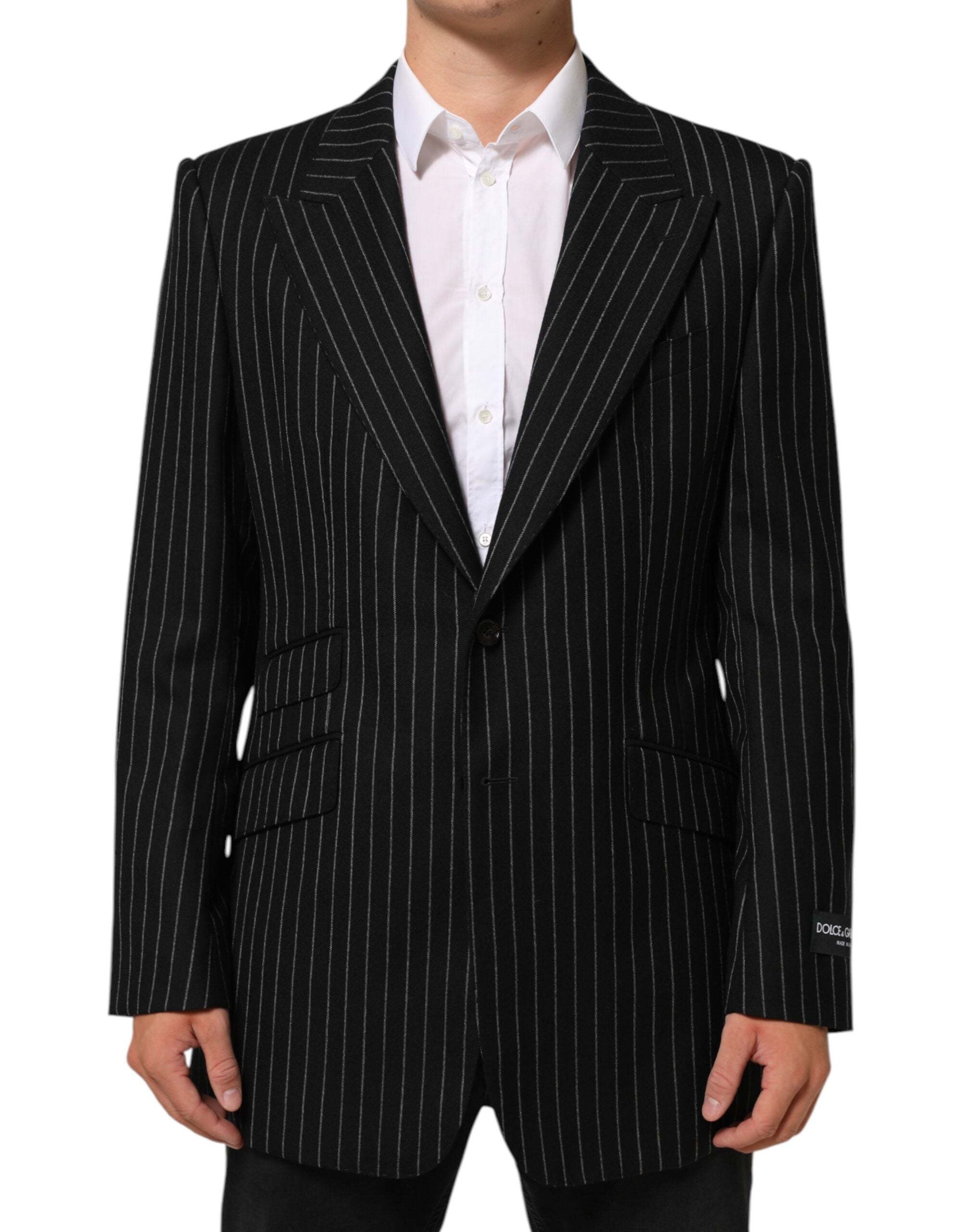 Veste blazer noire à rayures Dolce & Gabbana avec deux boutons, élégante et ajustée, pour un style sophistiqué.