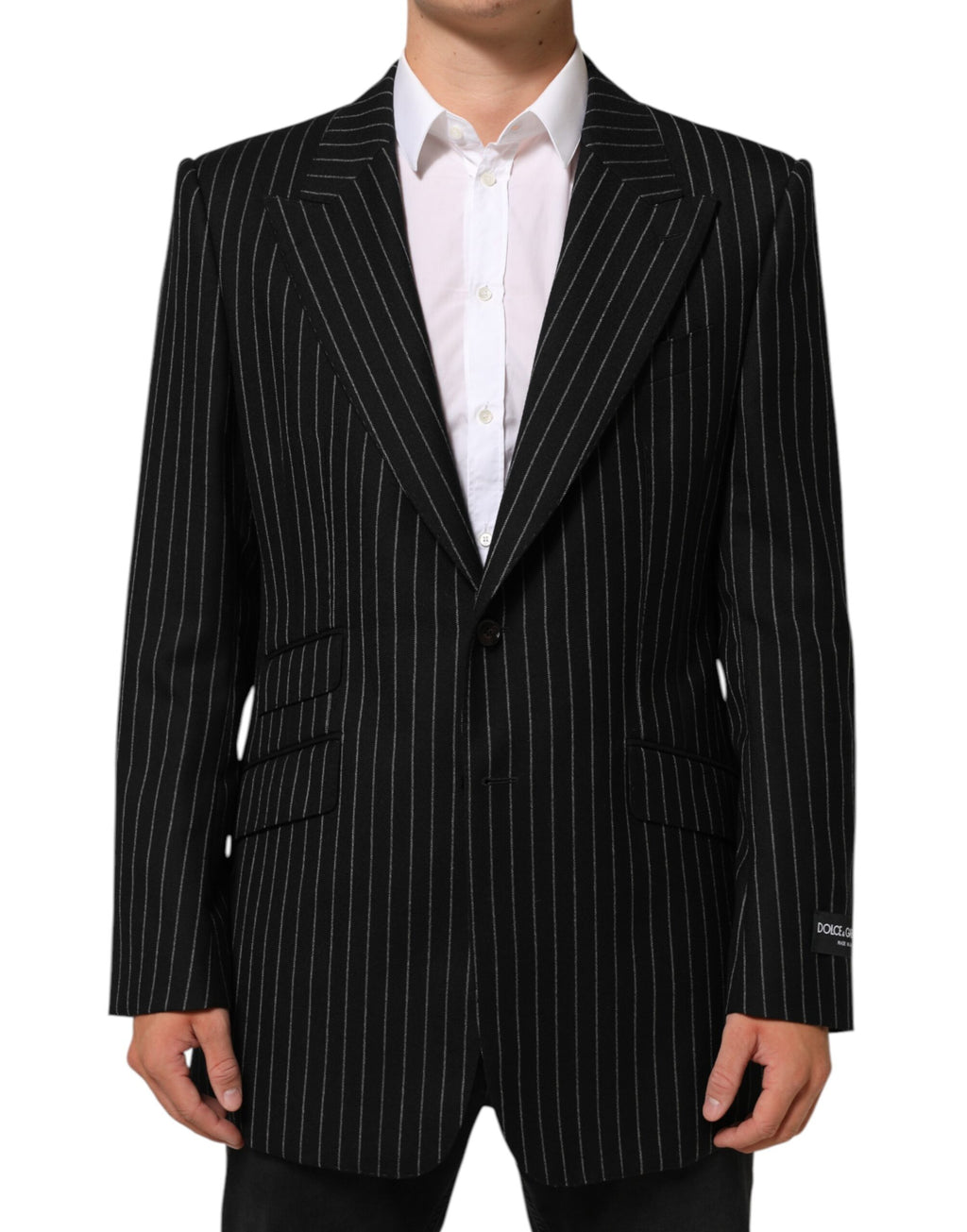 Veste blazer Dolce & Gabbana noire à rayures avec deux boutons, élégante et ajustée, pour un style sophistiqué.