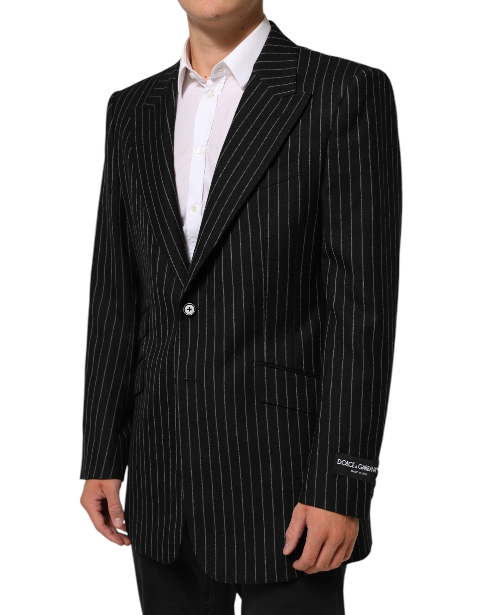 Veste blazer Dolce & Gabbana à rayures noires avec deux boutons, élégante et ajustée, vue de face sur un mannequin.
