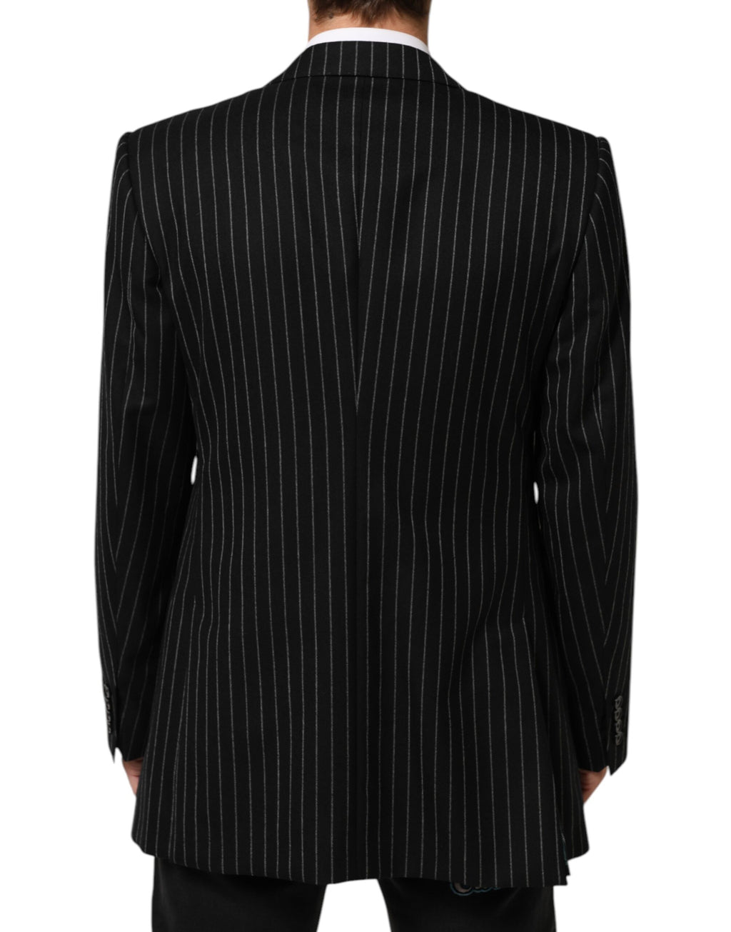 Costume blazer Dolce & Gabbana noir à rayures avec deux boutons, veste élégante en tissu sophistiqué.