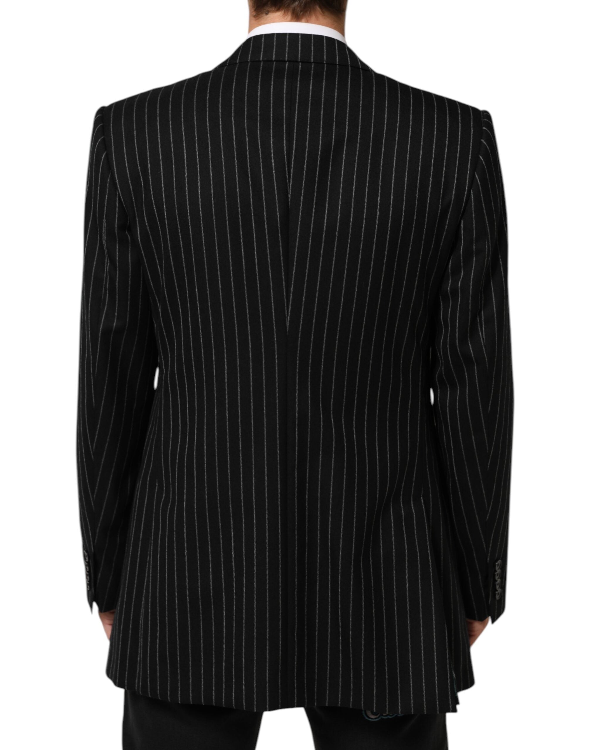 Costume blazer Dolce & Gabbana noir à rayures avec deux boutons, veste élégante en tissu sophistiqué.