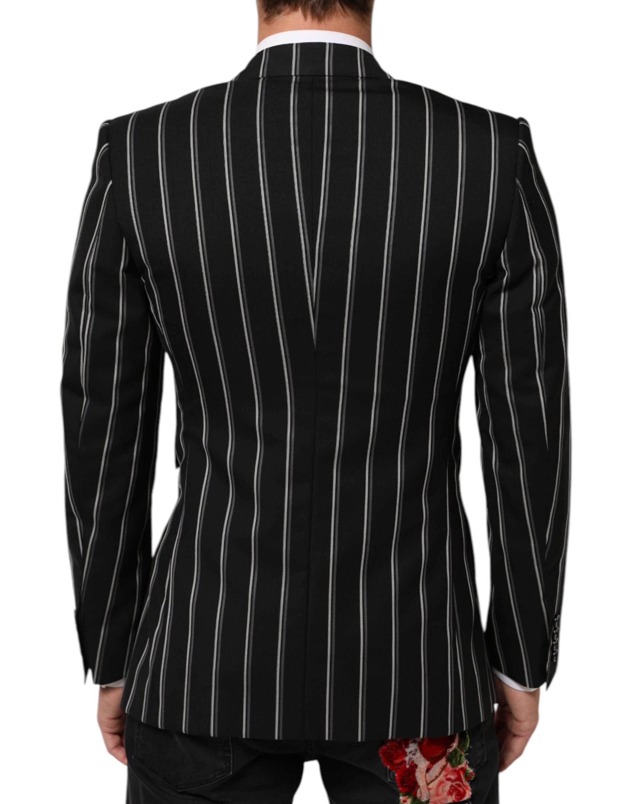 Costume blazer noir à rayures Dolce & Gabbana Sicilia avec un bouton, veste élégante pour homme.
