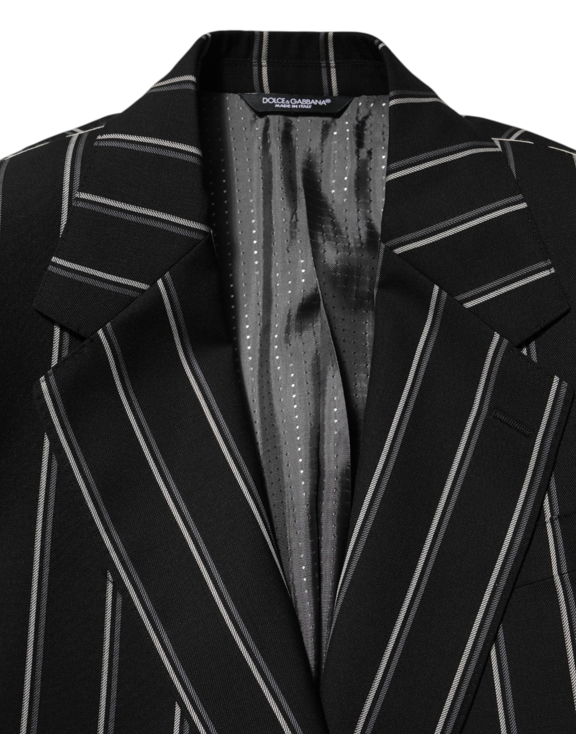 Costume blazer noir à rayures Dolce & Gabbana Sicilia avec un bouton unique, style élégant et sophistiqué.