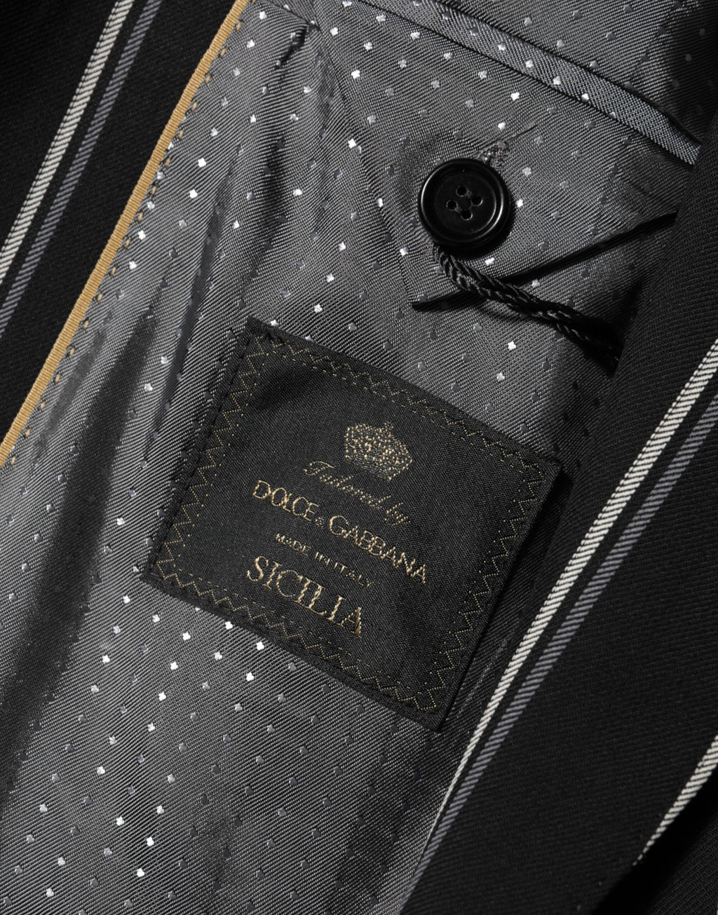 Veste blazer noire à rayures Dolce & Gabbana Sicilia 1 bouton, style élégant et moderne, visible en détail sur l'image.
