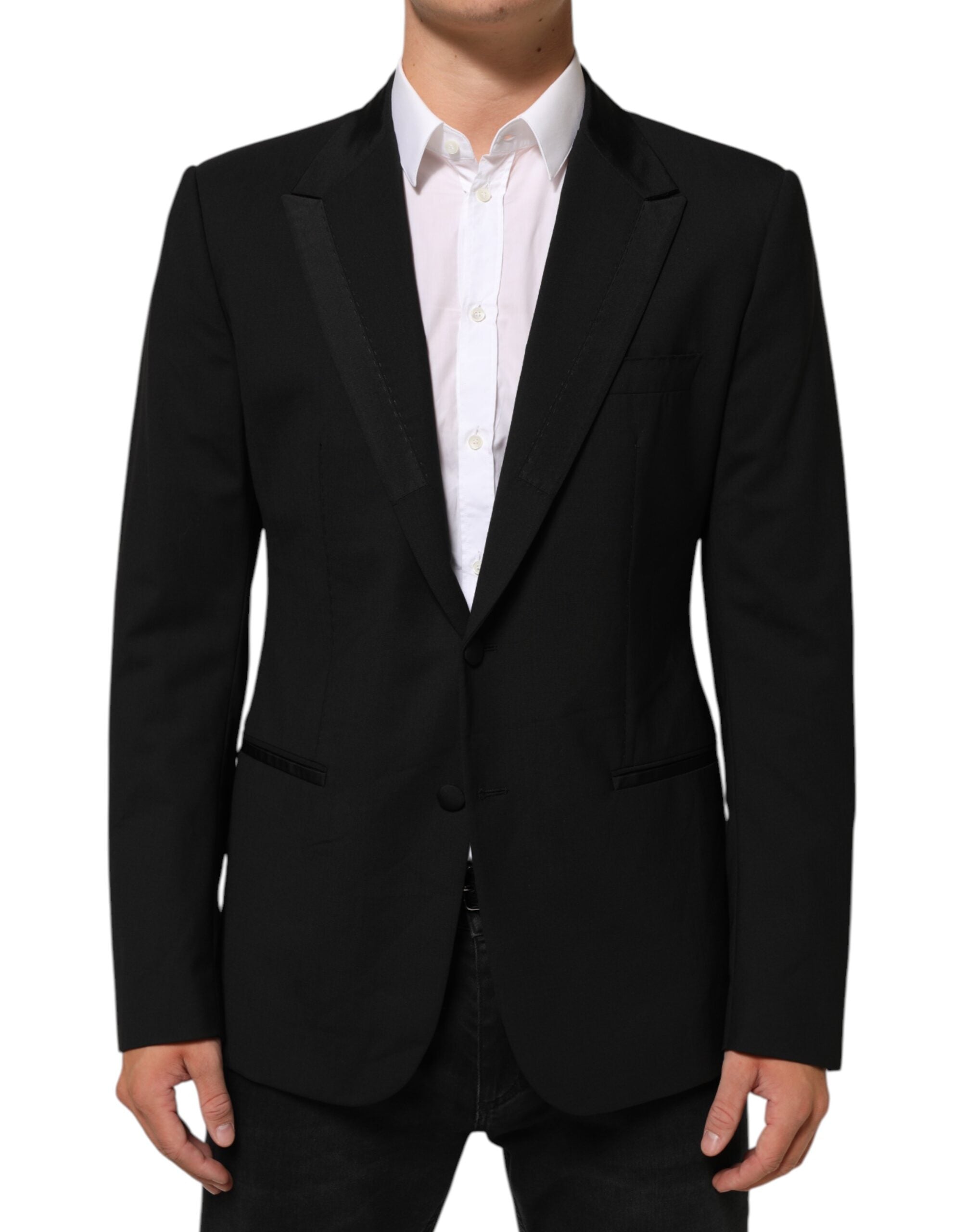 Costume homme Dolce & Gabbana en laine noire avec deux boutons, veste blazer élégante et sophistiquée.
