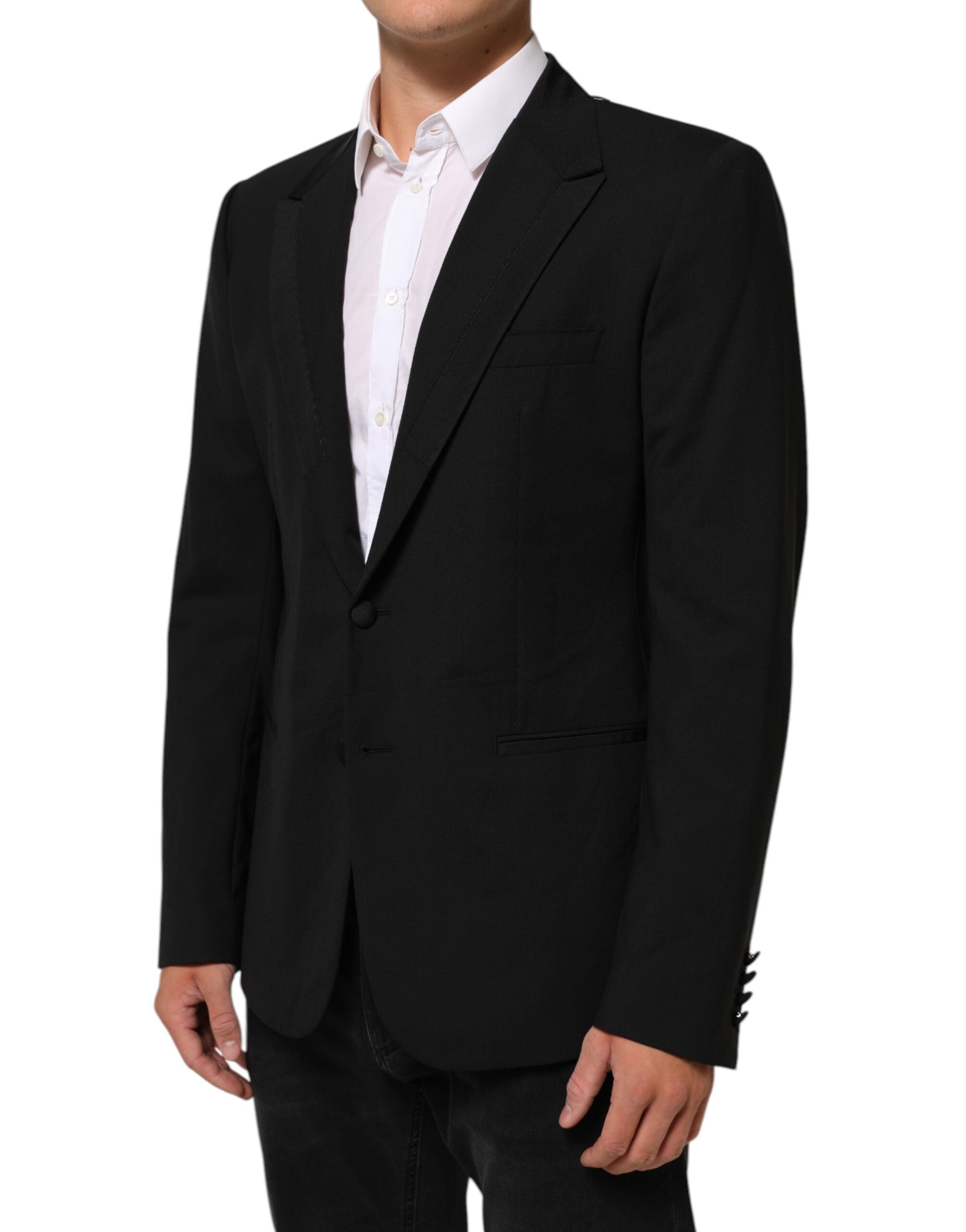 Veste blazer homme Dolce & Gabbana en laine noire avec deux boutons, style élégant et sophistiqué.