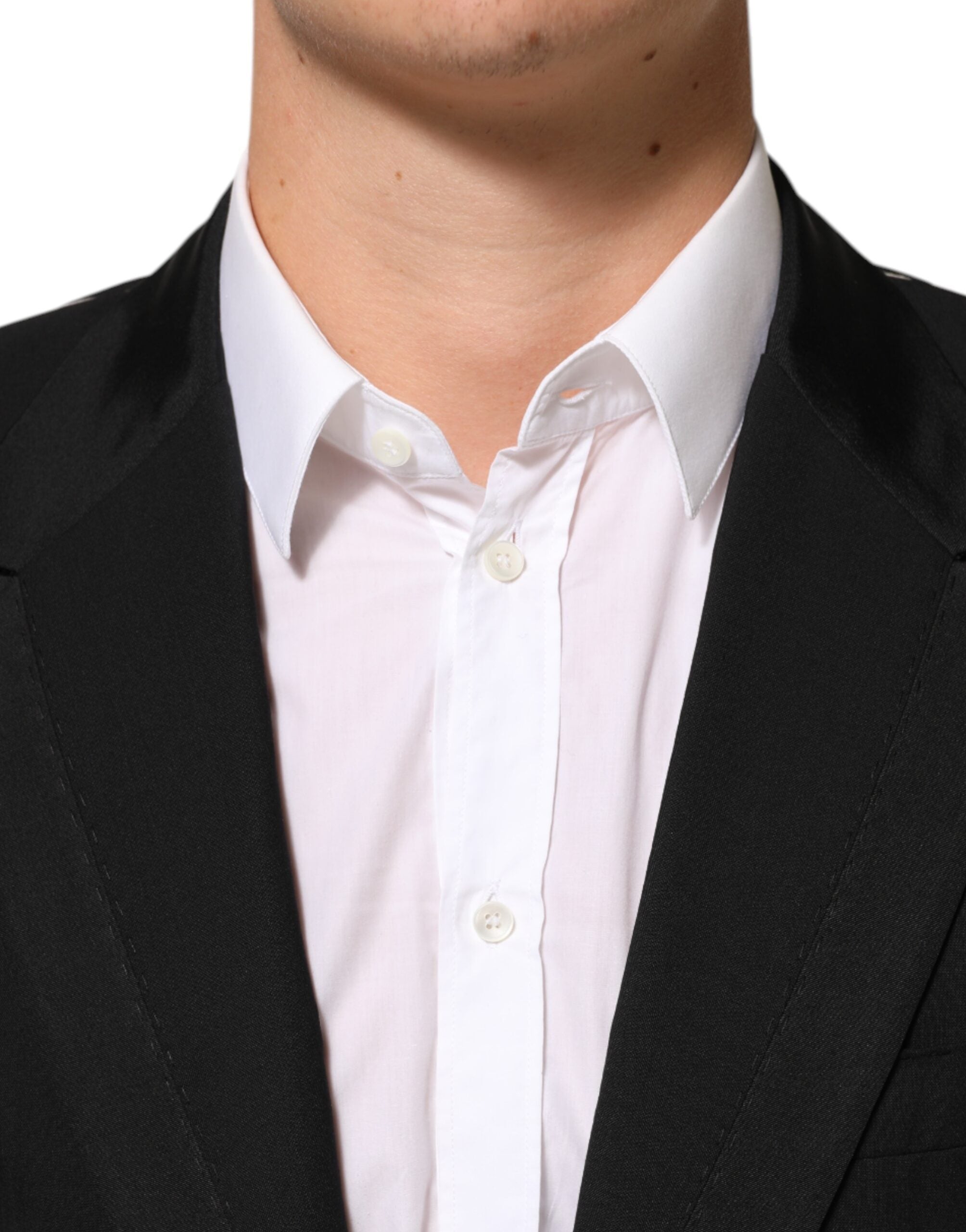 Costume homme Dolce & Gabbana en laine noire avec deux boutons, veste blazer élégante et sophistiquée.