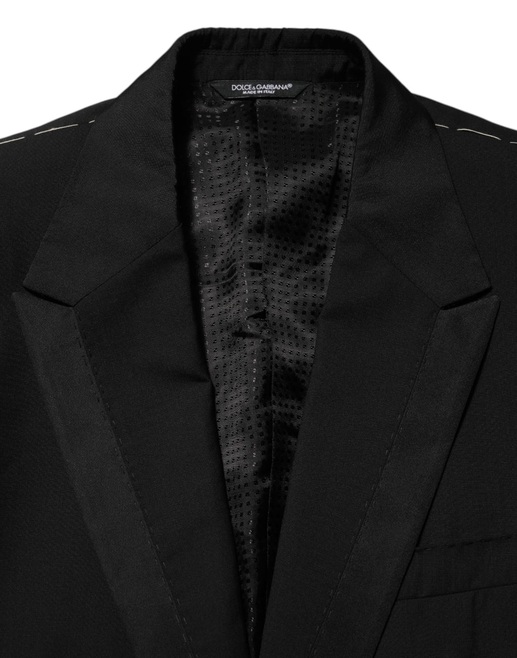 Costume homme Dolce & Gabbana en laine noire avec deux boutons, veste blazer élégante et sophistiquée.