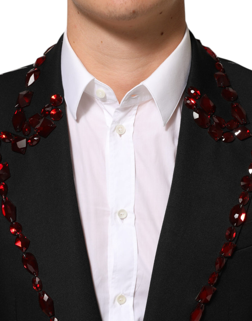 Blazer homme noir Dolce & Gabbana Sicilia orné de cristaux, élégance sophistiquée et détails brillants visibles sur l'image.