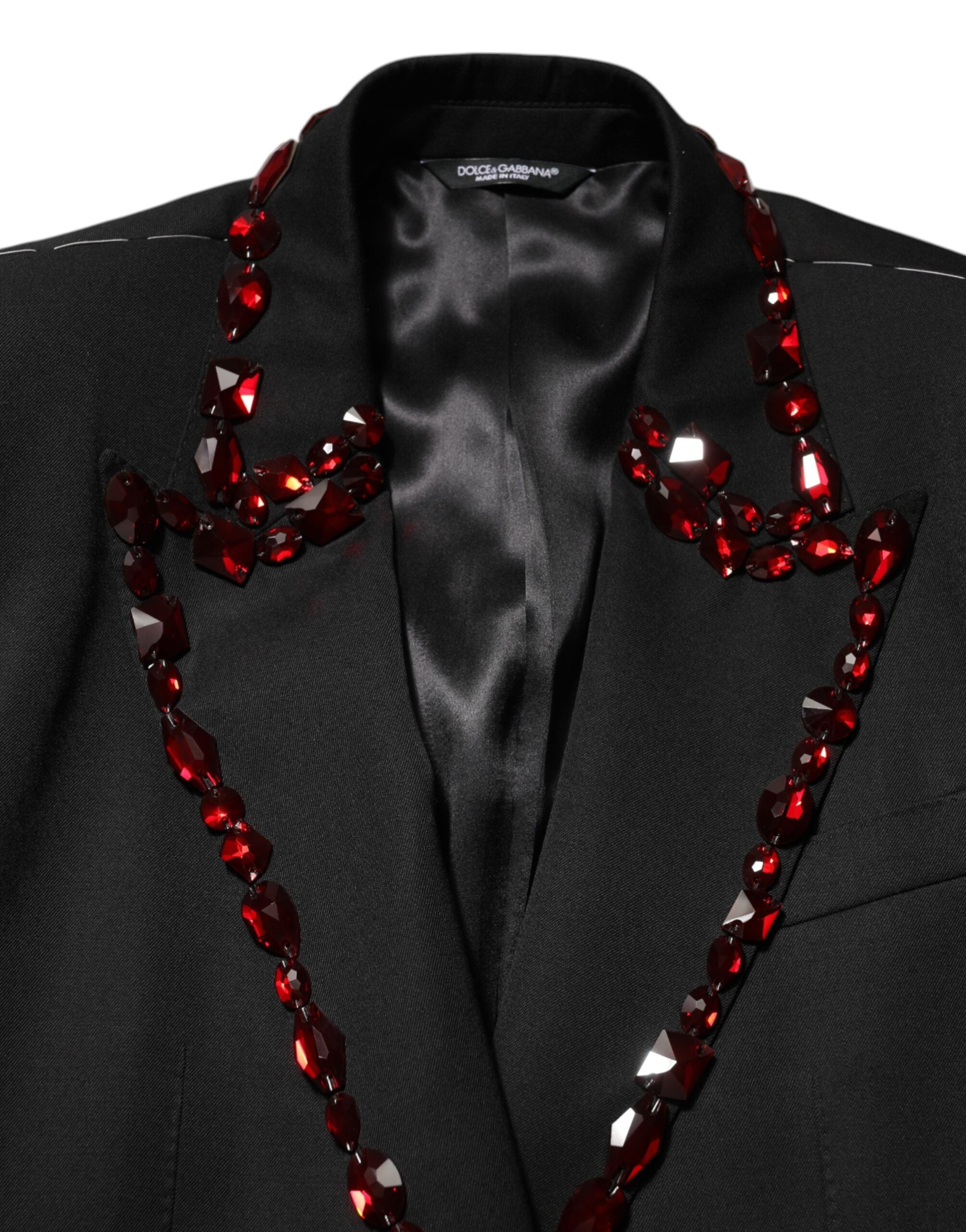 Costume homme Dolce & Gabbana SICILIA noir avec cristaux, veste élégante en tissu structuré, détail sophistiqué et moderne.