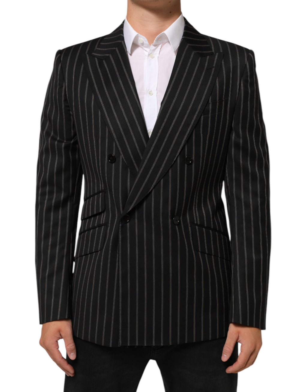 Veste blazer noire à rayures Dolce & Gabbana Sicilia avec un bouton, élégante et ajustée, vue de face.