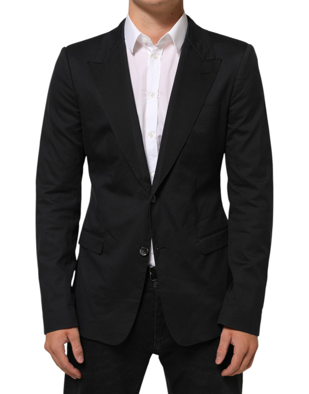Veste blazer noire en coton Dolce & Gabbana avec deux boutons, élégante et sophistiquée, vue en gros plan.