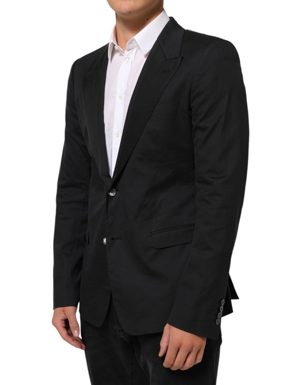 Veste blazer noire en coton Dolce & Gabbana avec deux boutons, élégante et classique, vue de face sur un mannequin.