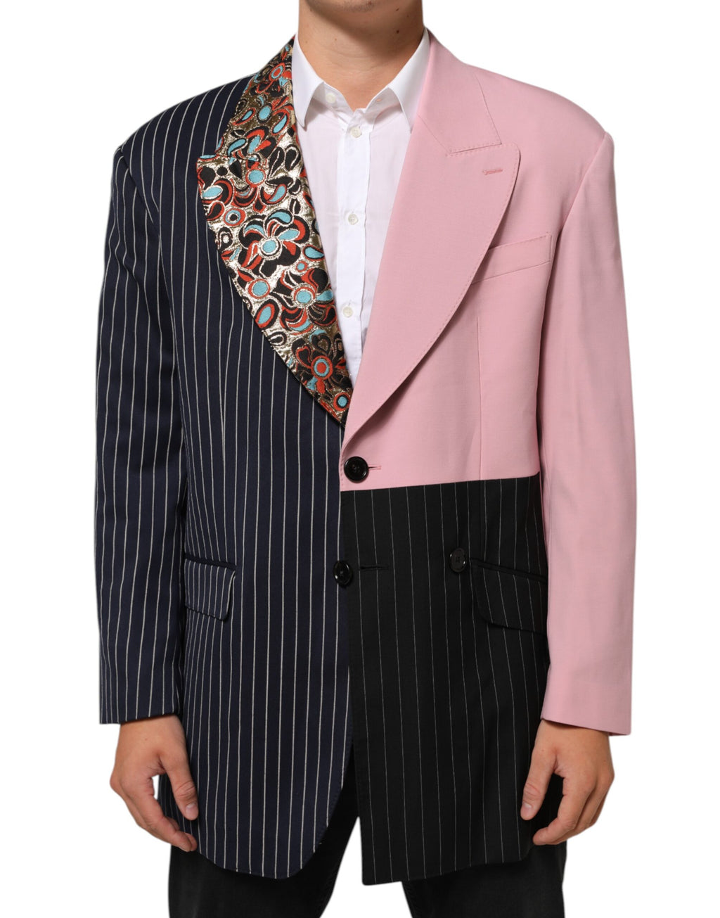 Veste blazer Dolce & Gabbana à patchwork multicolore, à double boutonnage, élégante et tendance, vue de face.