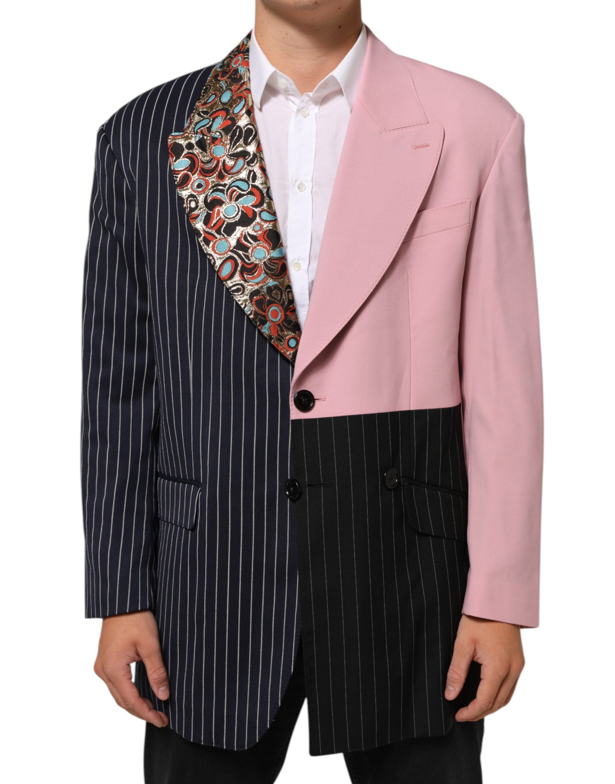 Veste blazer Dolce & Gabbana à patchwork multicolore, à double boutonnage, élégante et tendance, vue de face.