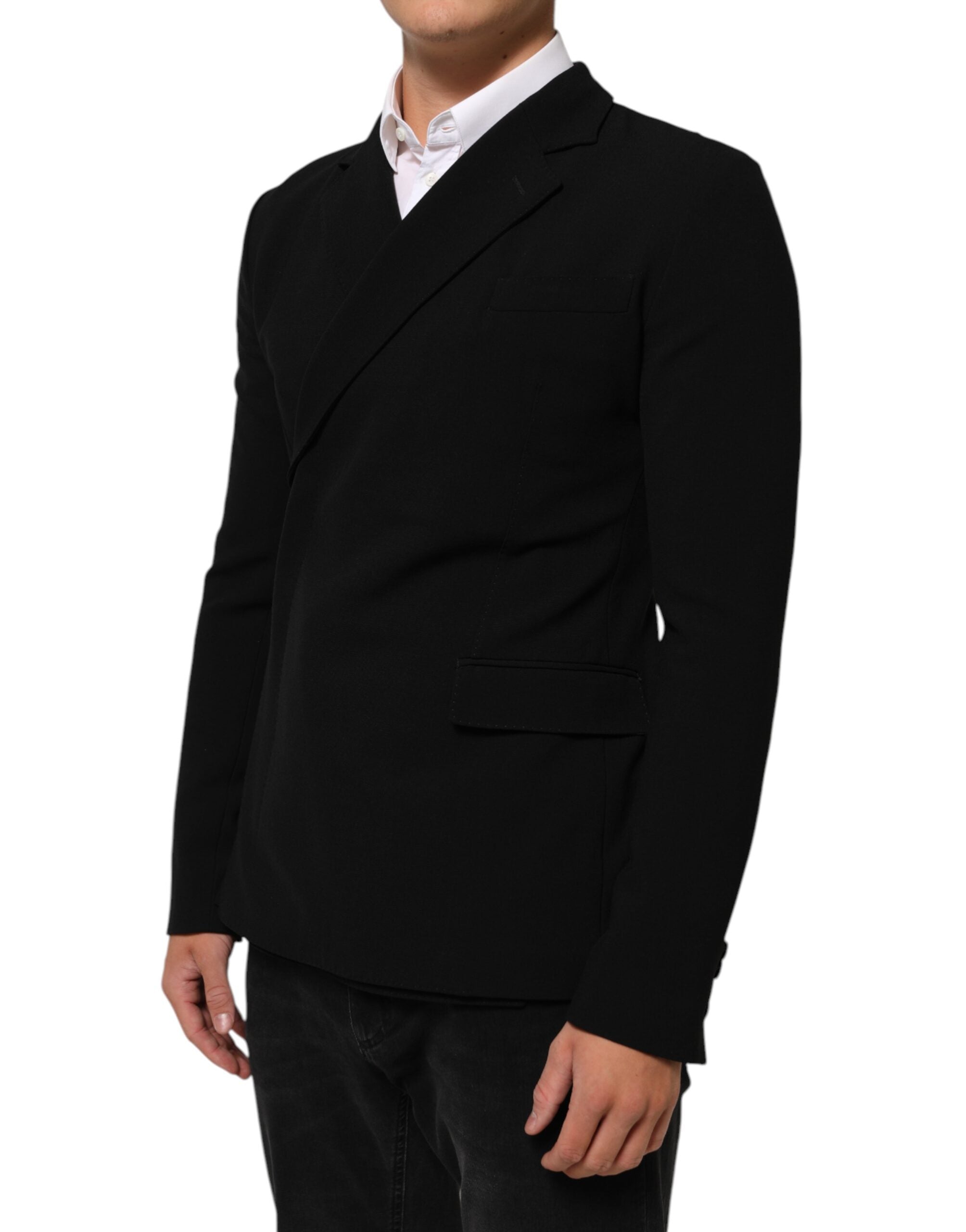 Veste homme Dolce & Gabbana en laine noire à double boutonnage, blazer élégant avec col cranté et poches frontales.