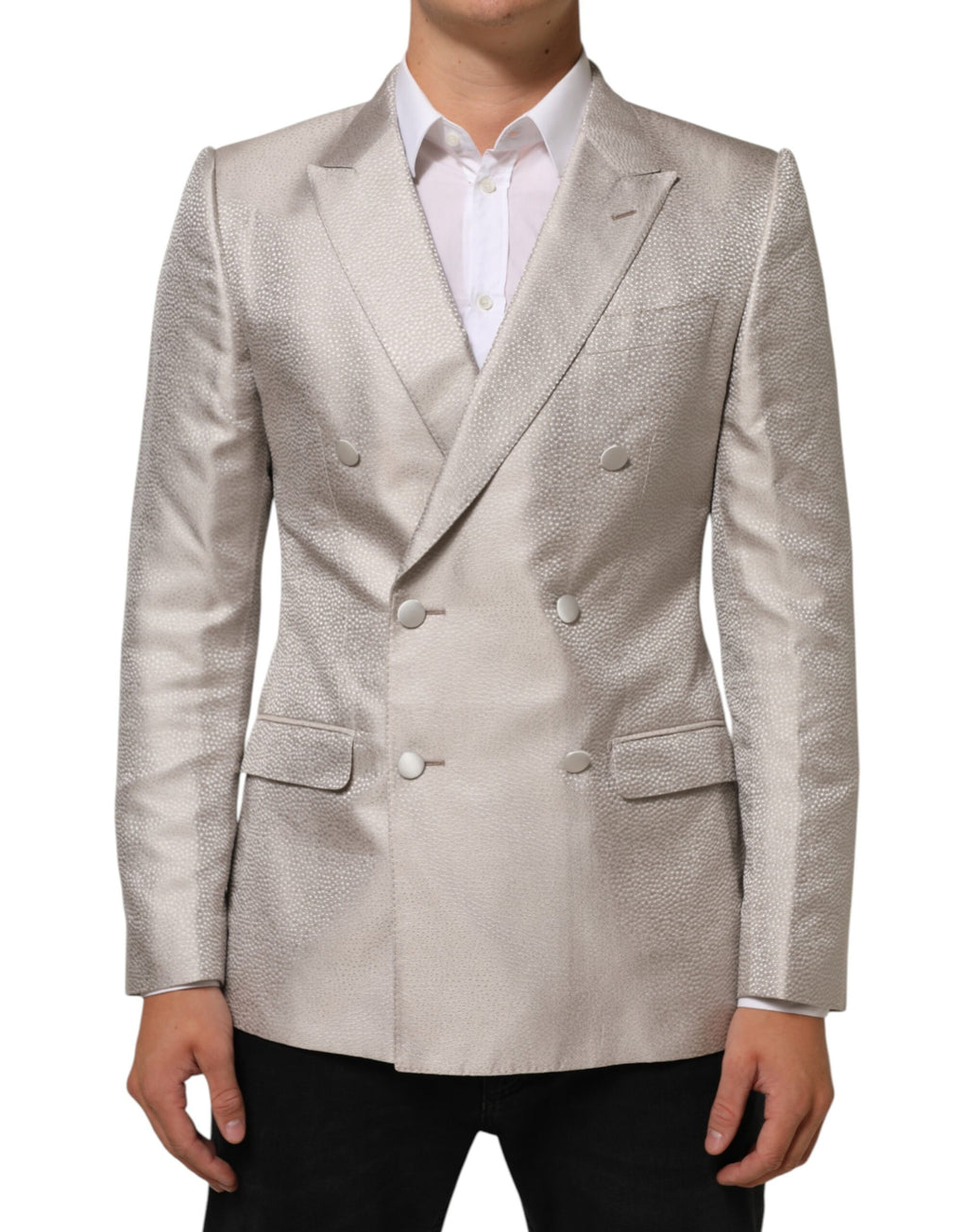 Blazer beige Dolce & Gabbana MARTINI à double boutonnage, costume élégant pour homme, avec détails structurés.