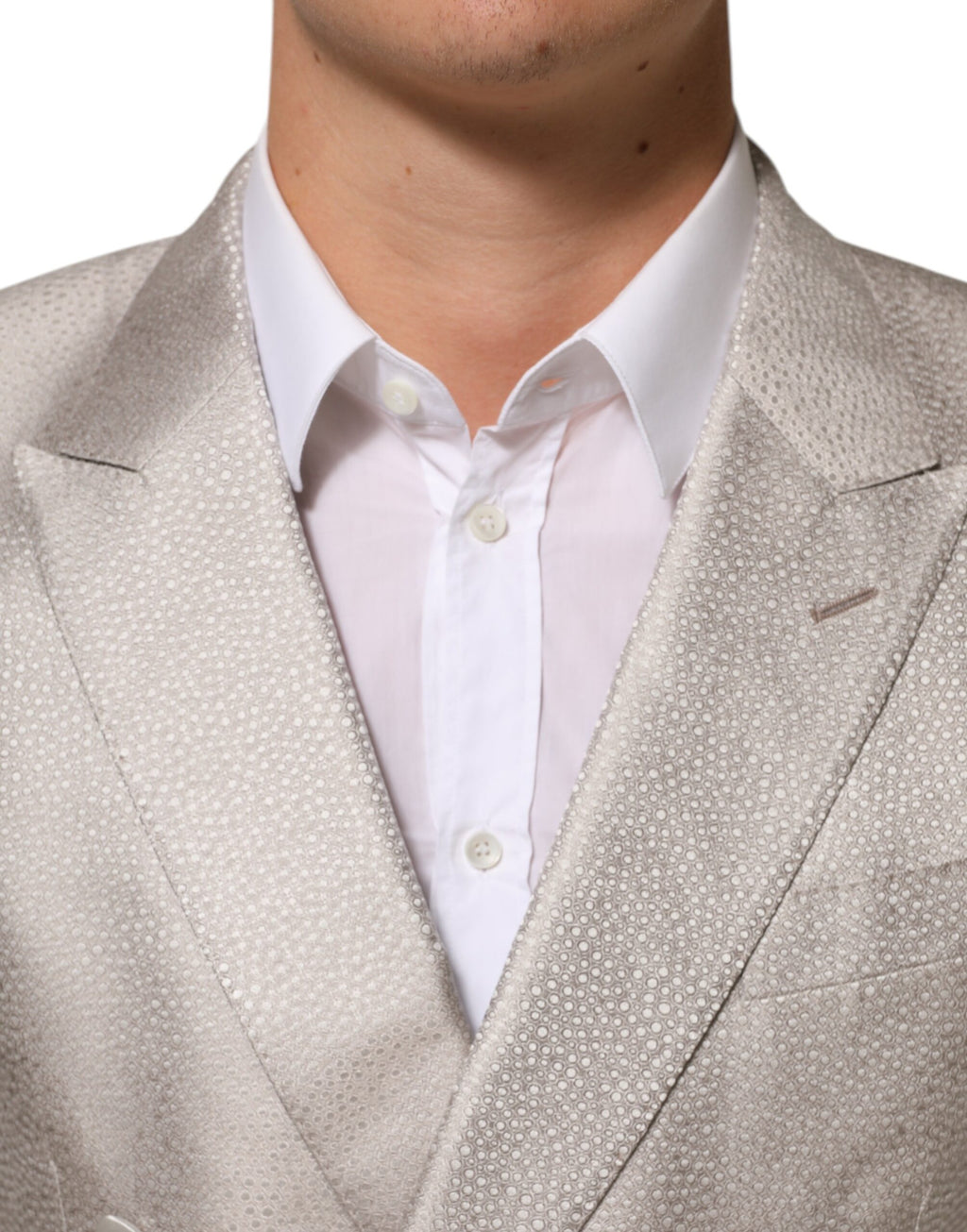 Costume blazer beige Dolce & Gabbana MARTINI à double boutonnage, élégance masculine et tissu de qualité visible.