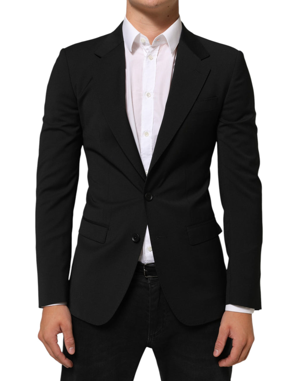 Veste blazer noire Dolce & Gabbana STAFF à deux boutons, style élégant et moderne, vue de face sur fond blanc.