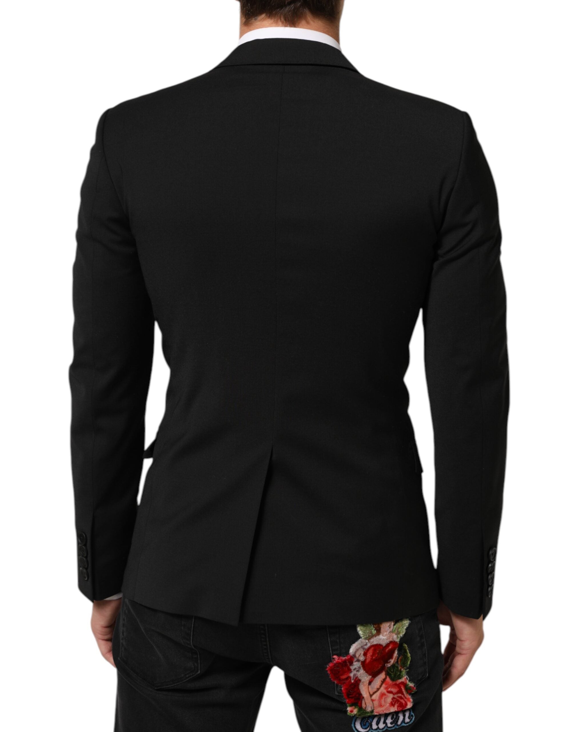 Veste blazer noire Dolce & Gabbana STAFF avec deux boutons, élégante et classique, vue de face sur un fond neutre.