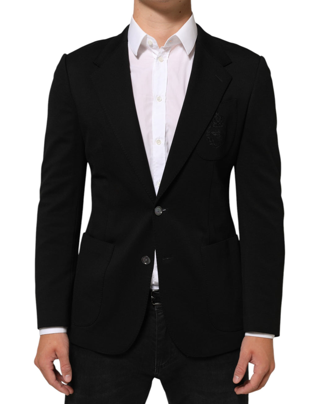 Veste blazer noire Dolce & Gabbana en viscose avec deux boutons, coupe élégante et détails sophistiqués.