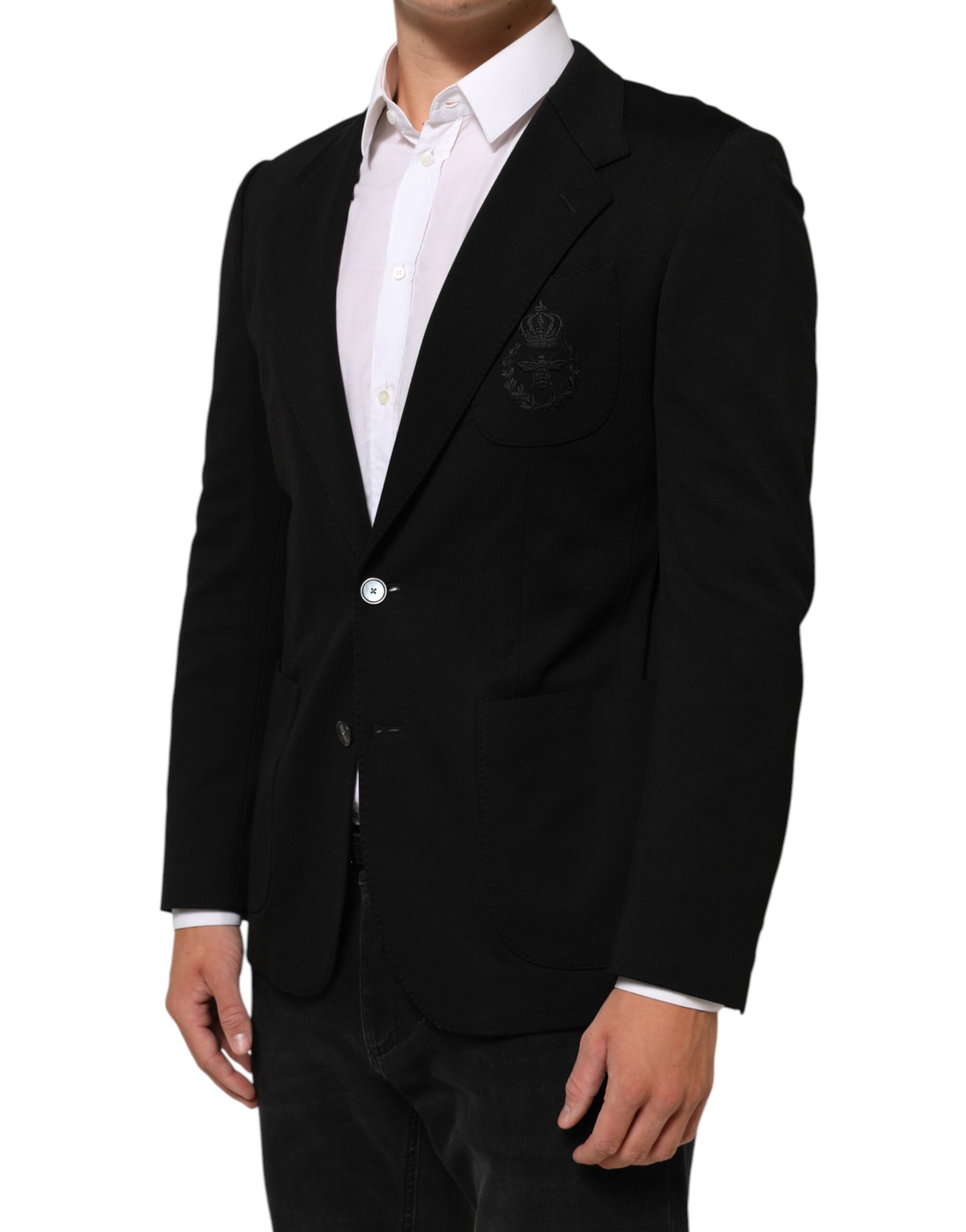 Veste blazer noire en viscose de Dolce & Gabbana avec deux boutons, élégante et sophistiquée.