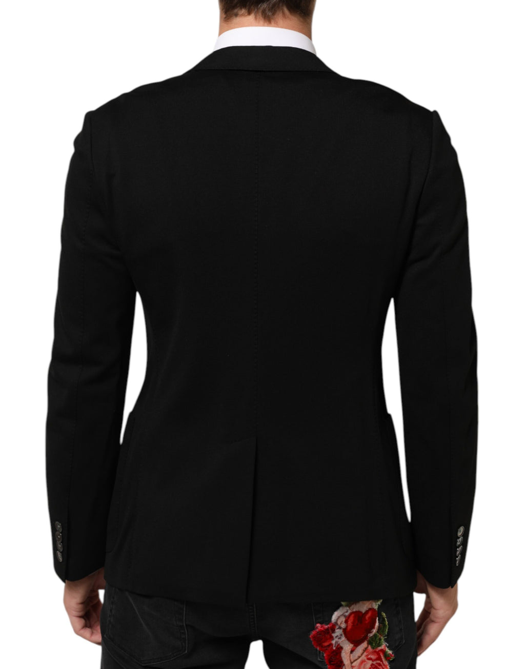 Veste blazer noire en viscose Dolce & Gabbana avec deux boutons, style élégant et moderne, vue de face.