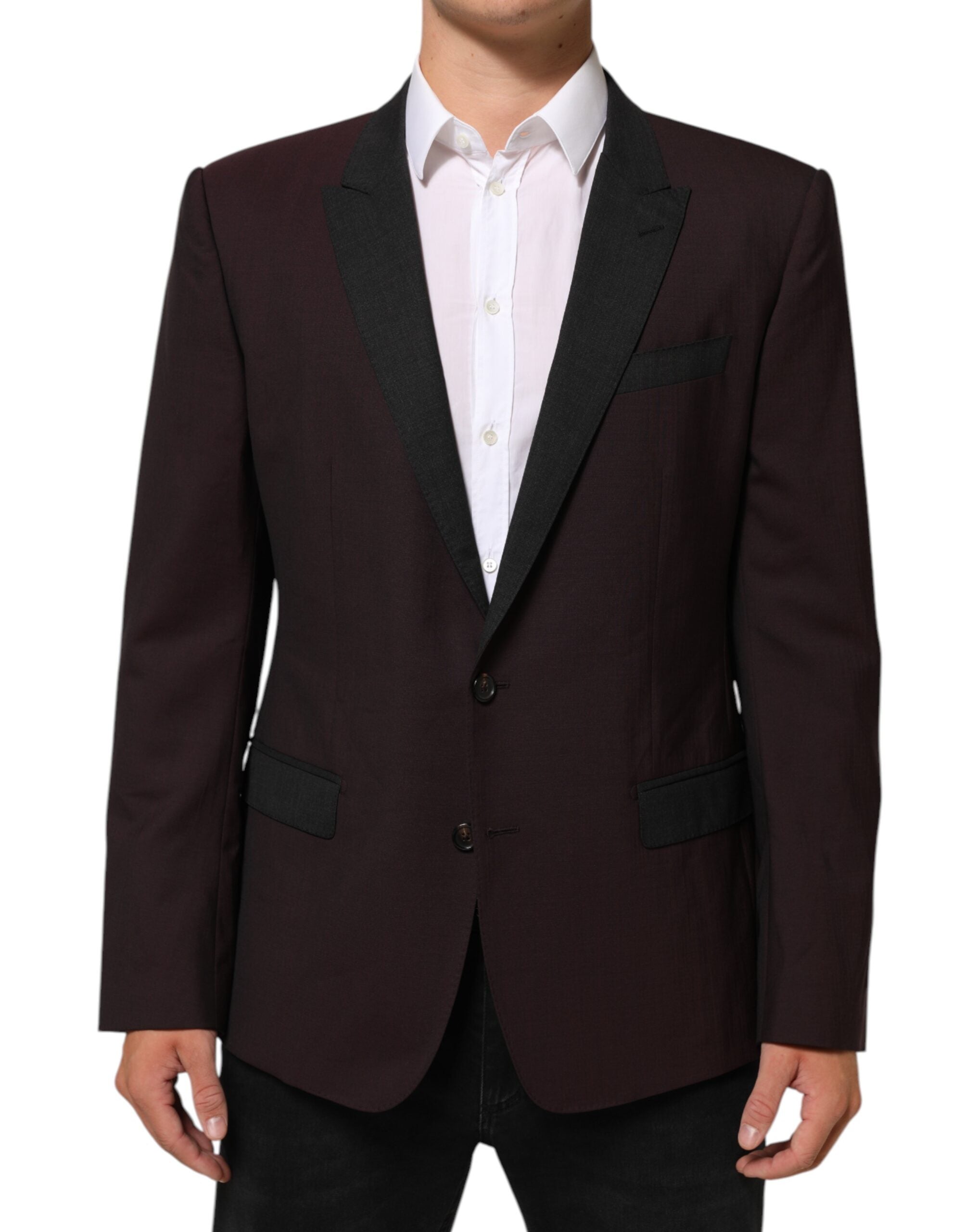 Veste blazer en laine bordeaux Dolce & Gabbana avec deux boutons, coupe élégante et détails sophistiqués.