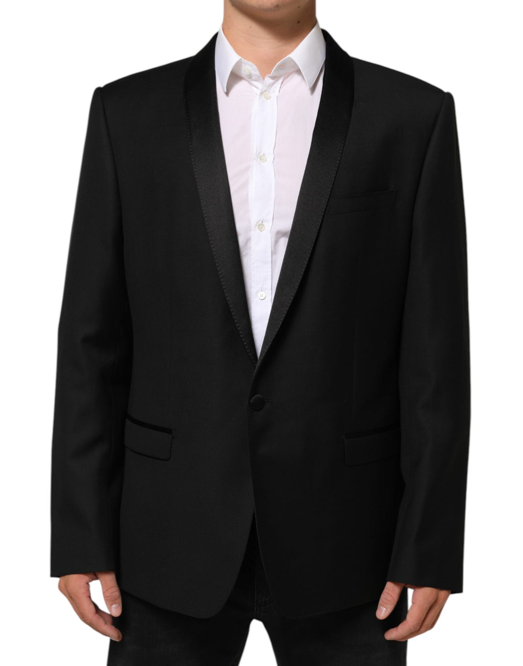 Blazer homme Dolce & Gabbana en laine noire avec un bouton doré, costume élégant et classique.