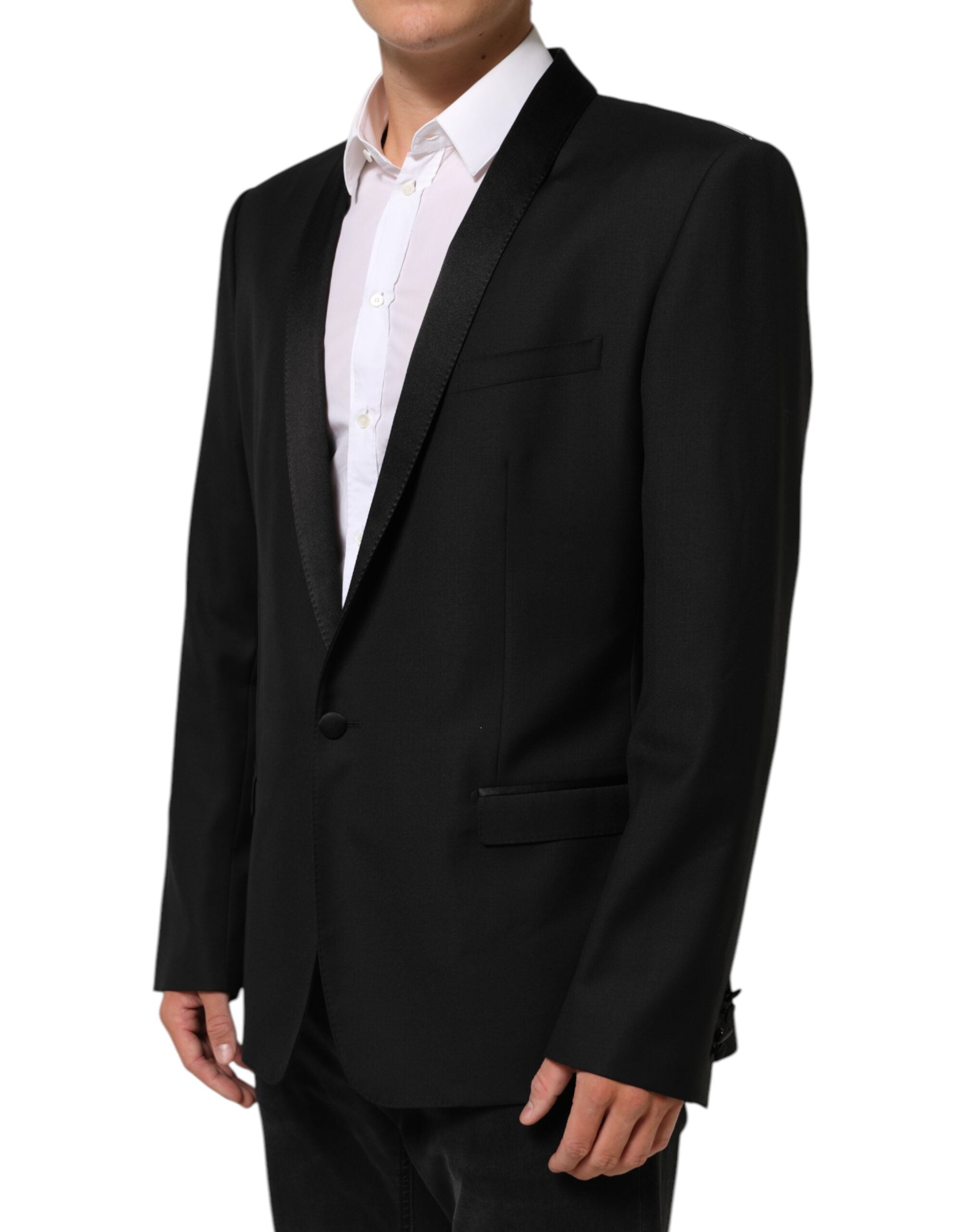 Costume homme Dolce & Gabbana en laine noire avec bouton doré, blazer élégant pour occasions formelles.