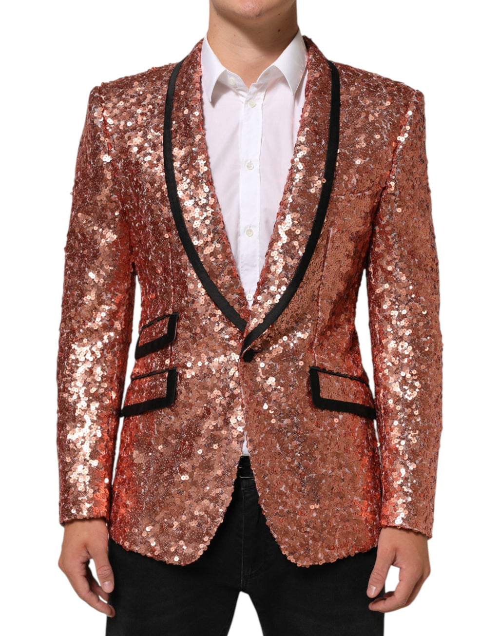 Costume homme Dolce & Gabbana Sicilia en sequins roses, blazer à un bouton élégant avec détails brillants.