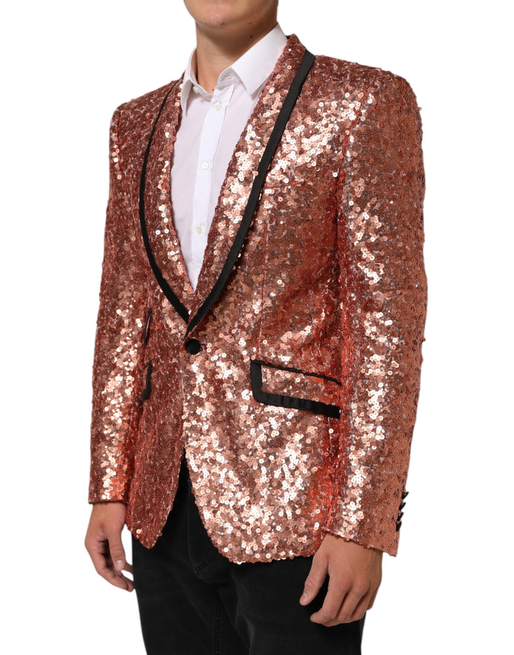 Veste blazer pour homme Dolce & Gabbana Sicilia rose à sequins avec bouton unique, style élégant et sophistiqué.