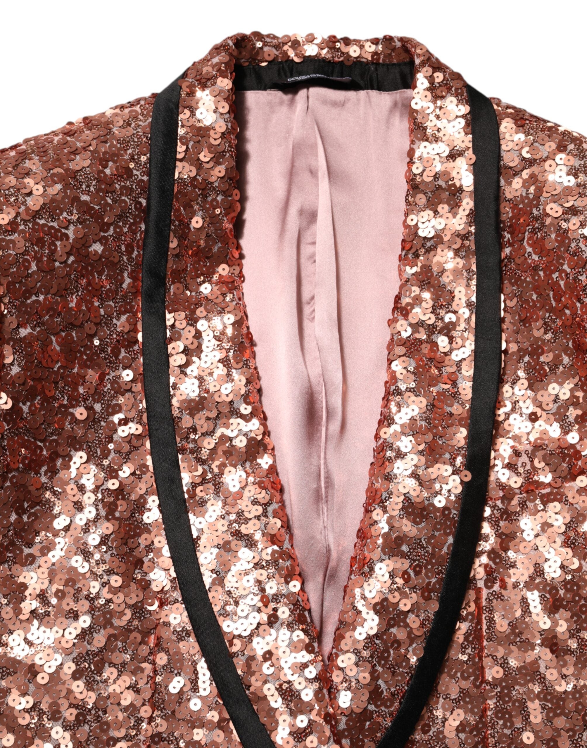 Blazer homme Dolce & Gabbana Sicilia rose à sequins, style élégant avec bouton unique, costume chic et sophistiqué.