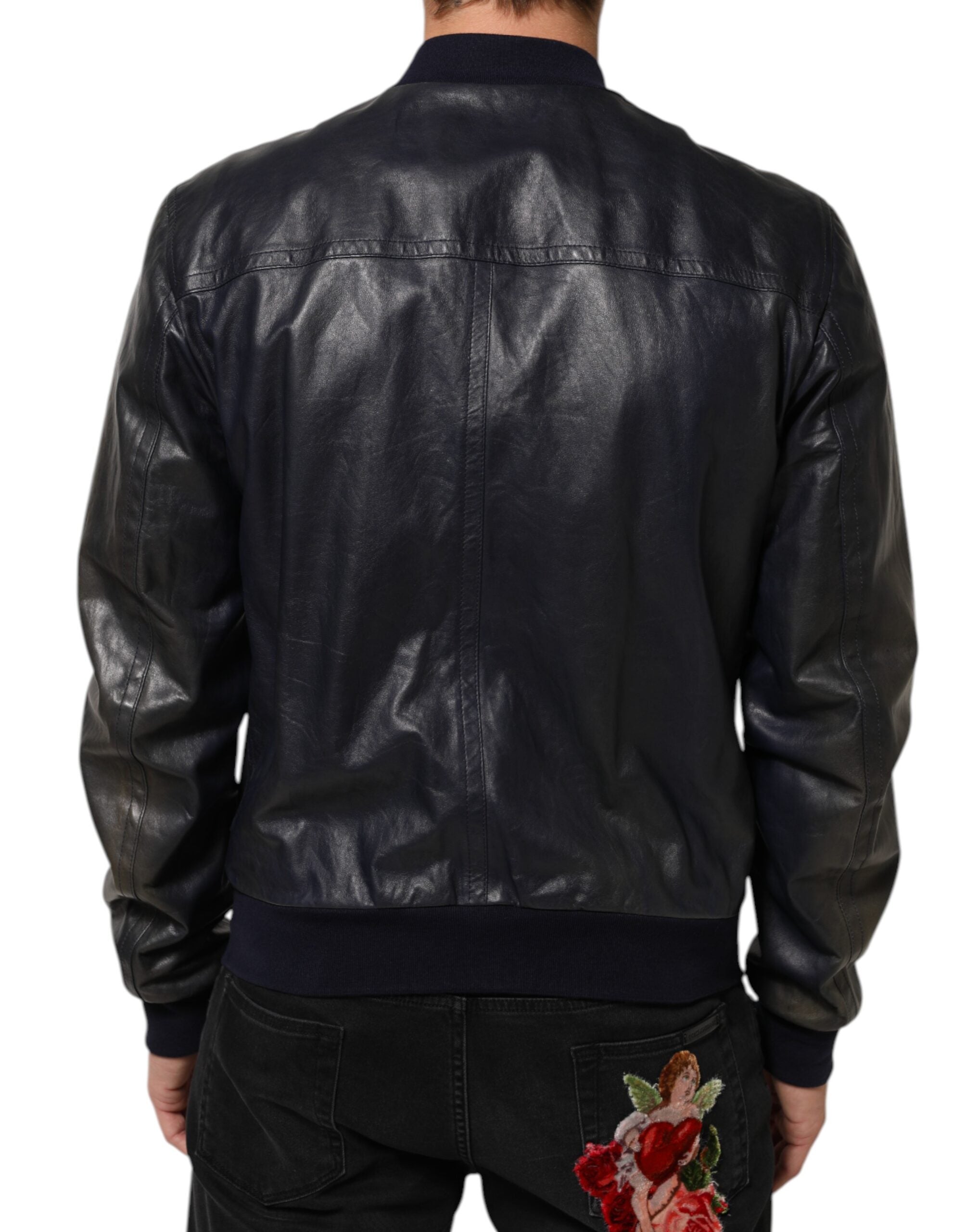 Blouson biker en cuir bleu Dolce & Gabbana avec fermeture éclair complète, style moderne et élégant.