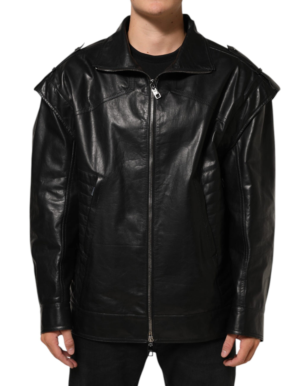 Blouson biker en cuir noir Dolce & Gabbana avec fermeture éclair complète, style tendance et détails modernes.