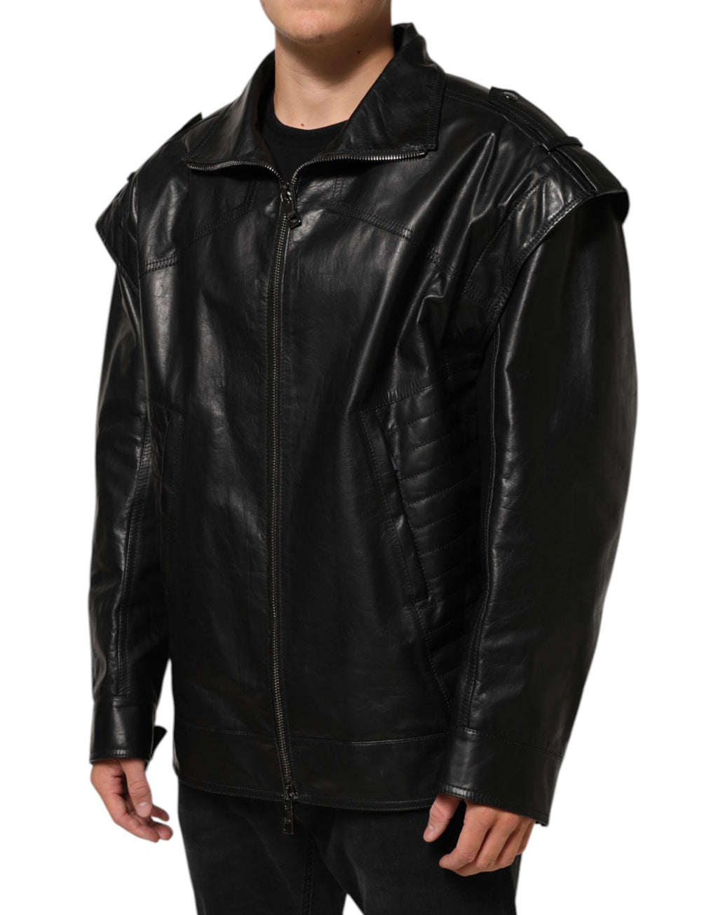 Veste biker en cuir noir Dolce & Gabbana avec fermeture éclair complète, style élégant et moderne.