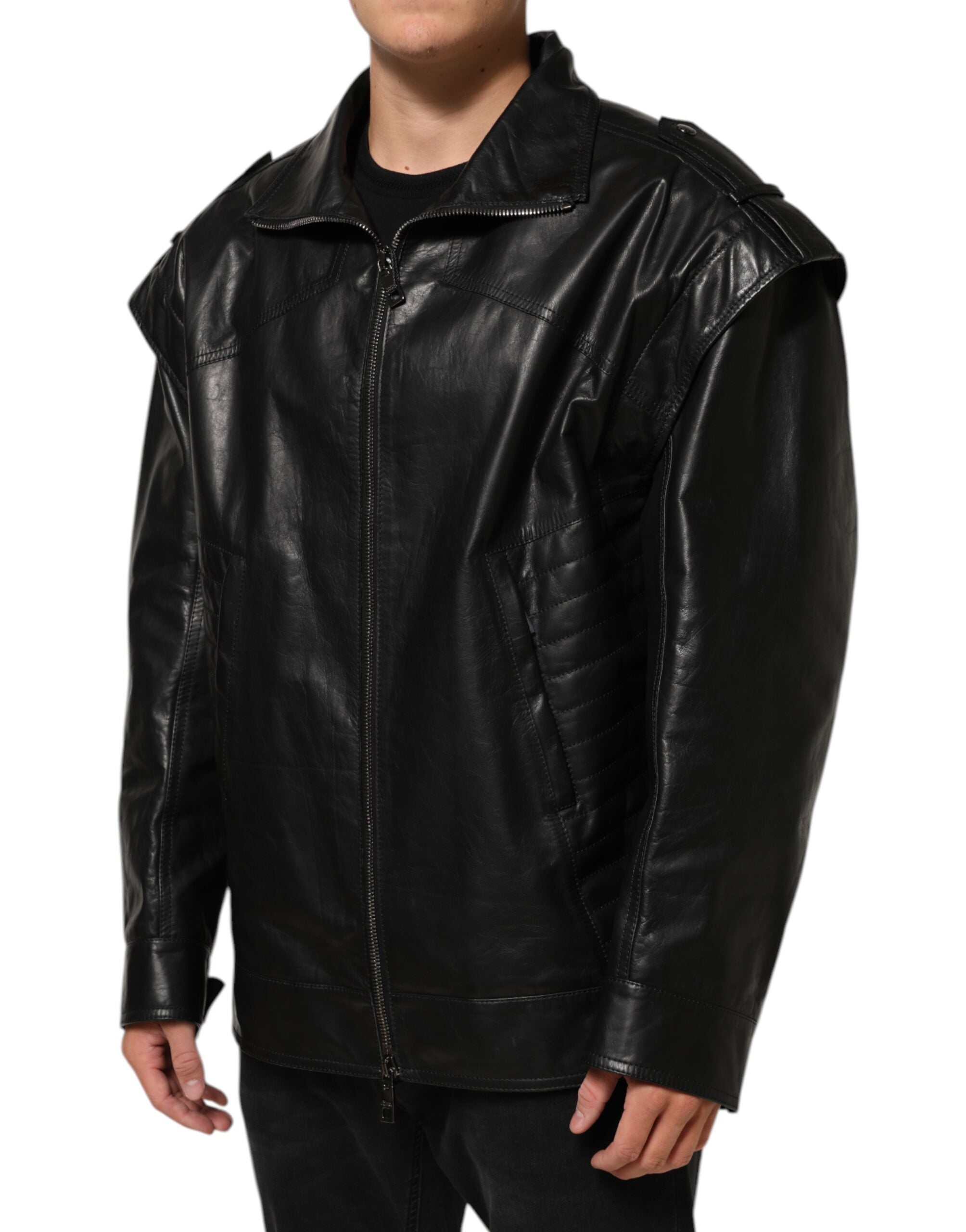 Veste biker en cuir noir Dolce & Gabbana avec fermeture éclair complète, style élégant et moderne.