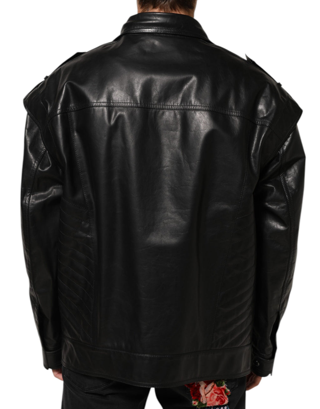 Veste en cuir noir Dolce & Gabbana à zip intégral, style blouson biker avec détails élégants et coupe ajustée.