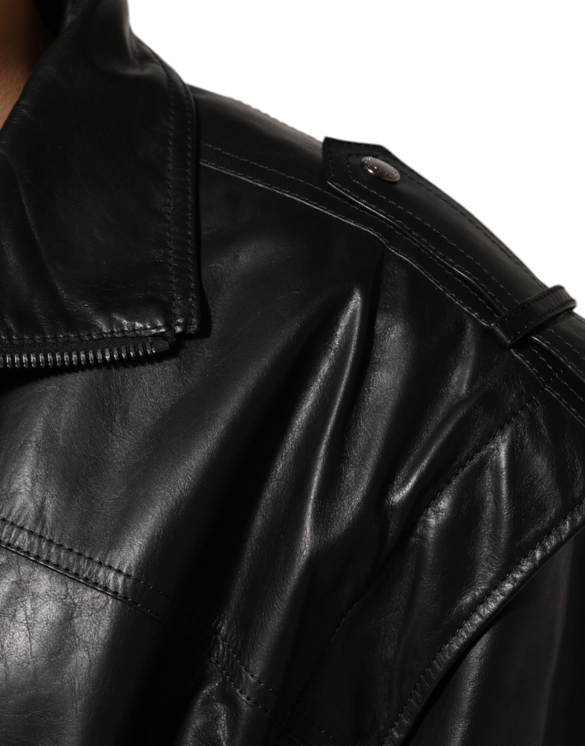 Veste en cuir noir Dolce & Gabbana Biker à fermeture éclair complète, style robuste et tendance.