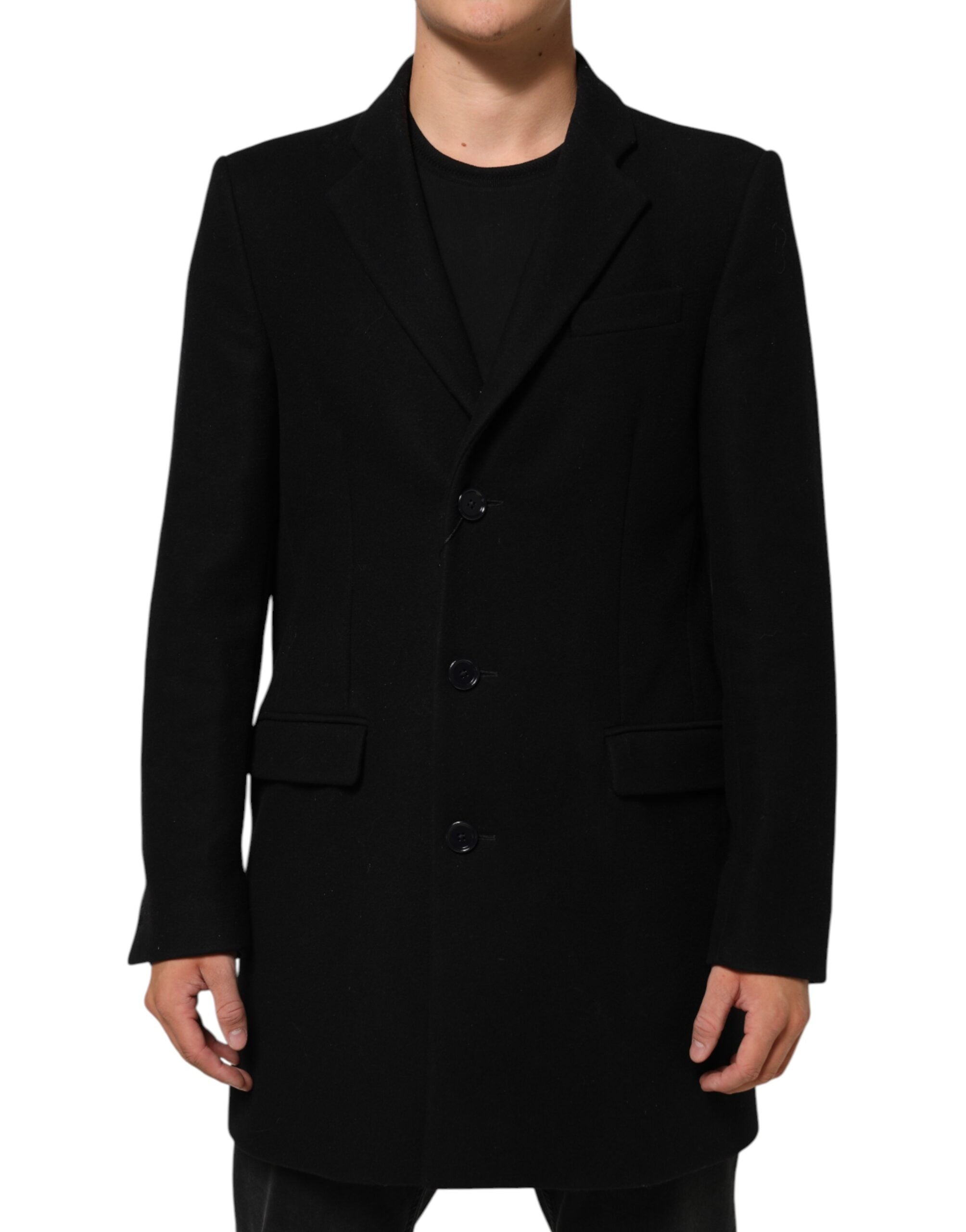 Manteau trench pour homme en laine noire Dolce & Gabbana avec boutons, style élégant et classique.