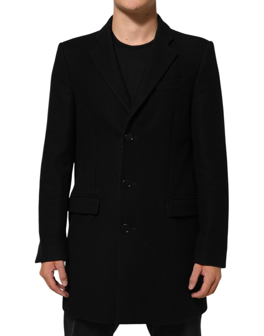 Manteau trench pour homme Dolce & Gabbana en laine noire avec boutons, veste élégante et ajustée.