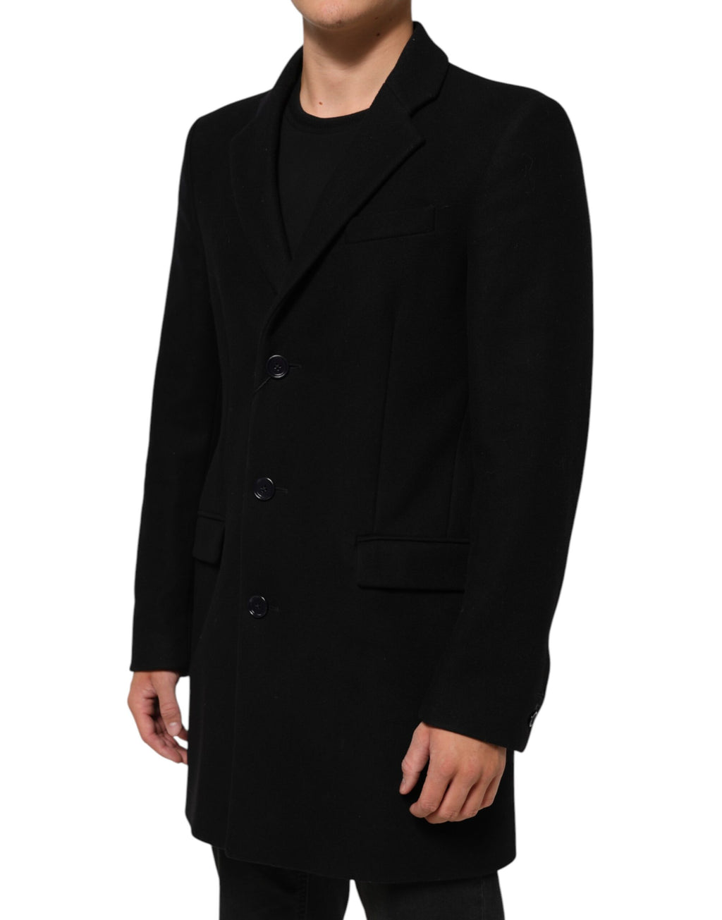 Manteau trench noir en laine pour homme de Dolce & Gabbana avec boutons, style élégant et moderne.