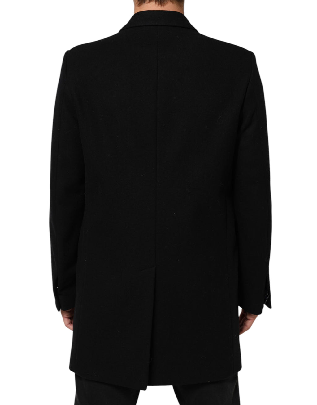 Manteau trench pour homme Dolce & Gabbana en laine noire avec boutons, veste élégante et classique.