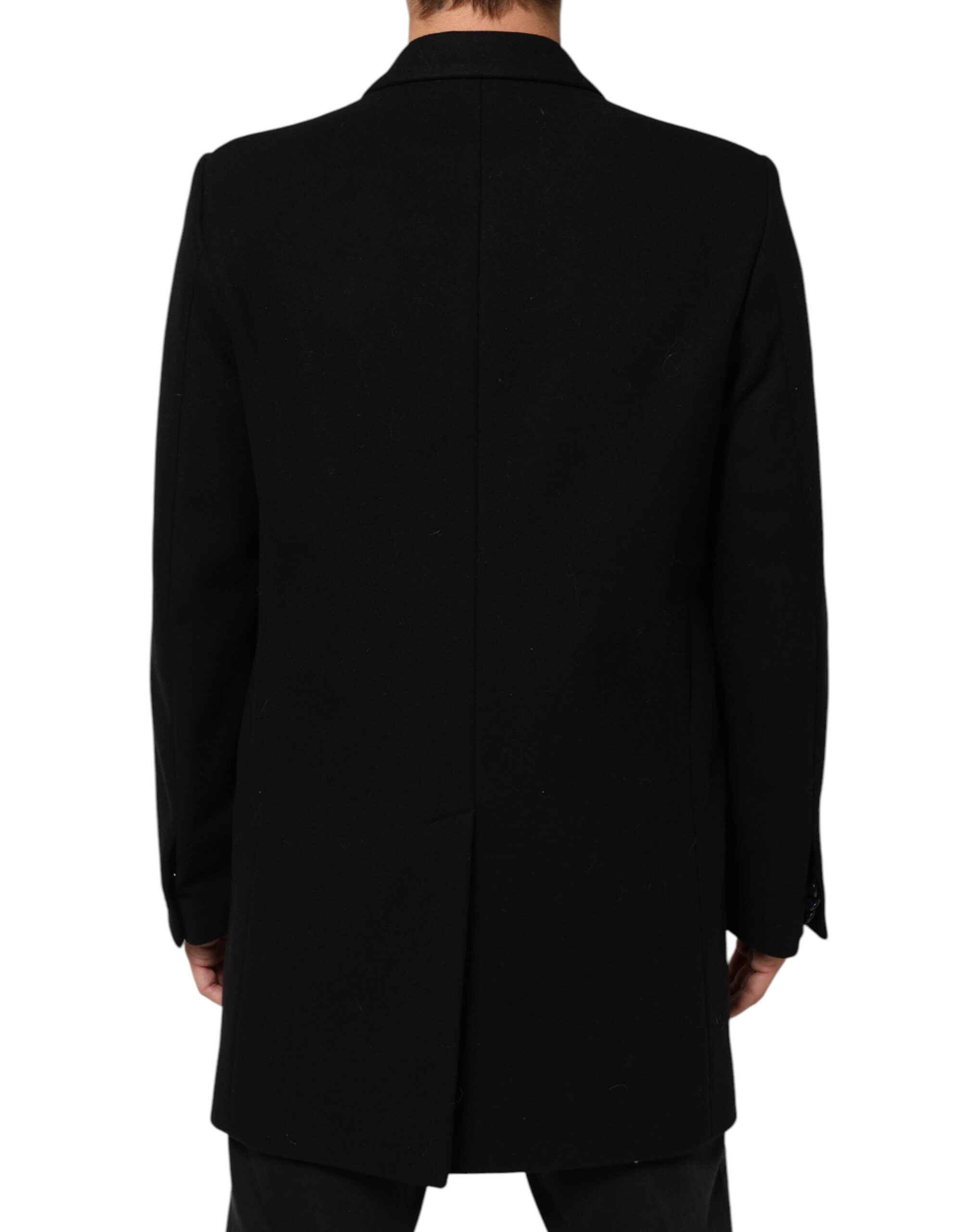 Manteau trench pour homme Dolce & Gabbana en laine noire avec boutons, veste élégante et classique.