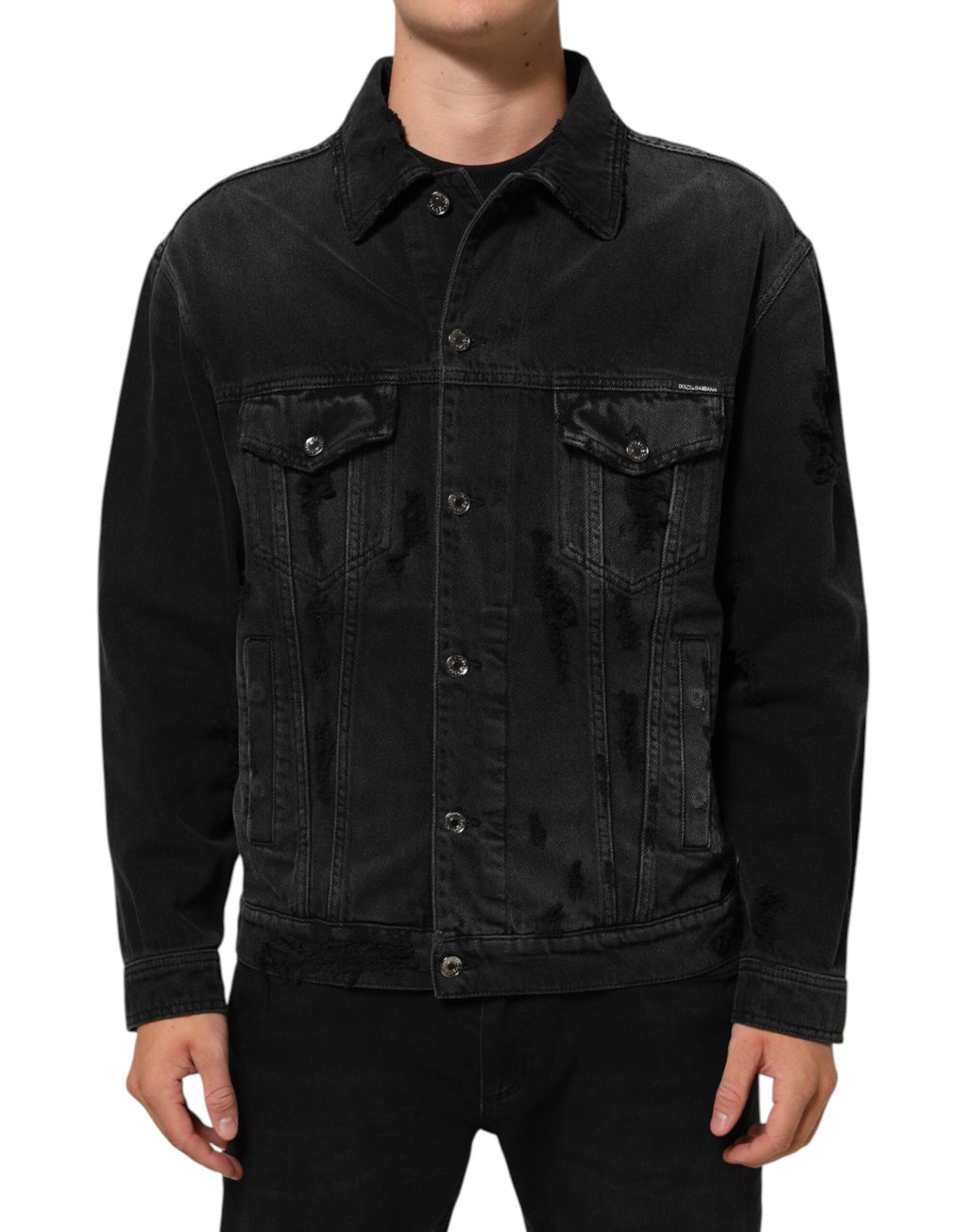 Veste bomber en denim stretch noir de Dolce & Gabbana avec col montant et poches frontales.