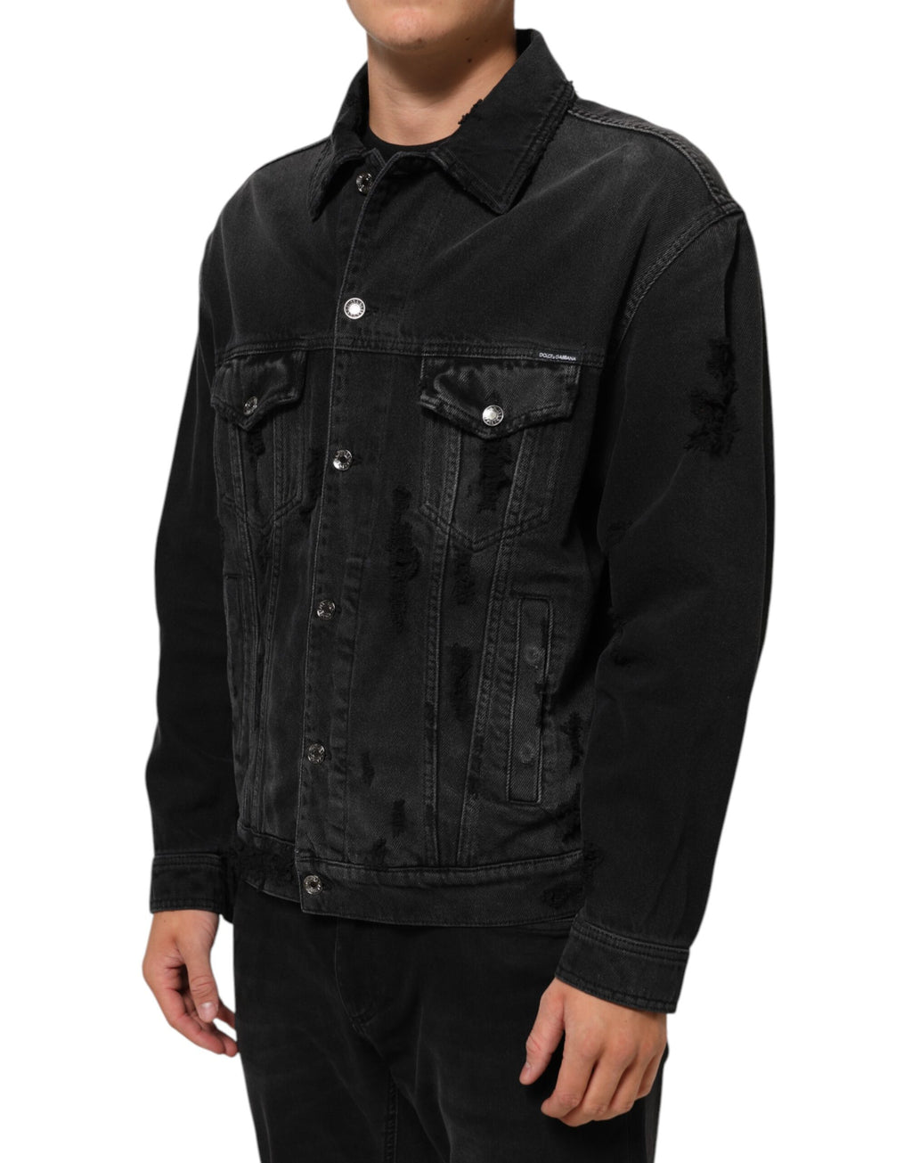 Blouson en denim stretch en coton noir de Dolce & Gabbana, veste décontractée avec fermeture éclair et col montant.